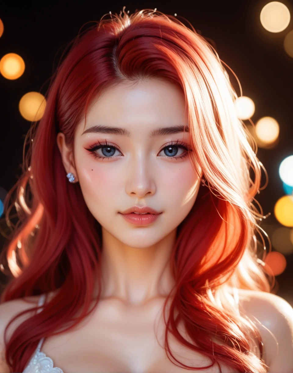 (Sexy body: 1.2, full breasts, slender legs), Saint Seiya style, masterpiece picture quality, focus on half-body depiction (1.3x), cool color low saturation, (streaked hair: 1.2, hair bell, red lips, sparkle, Verism, textured skin, best quality, best quality)