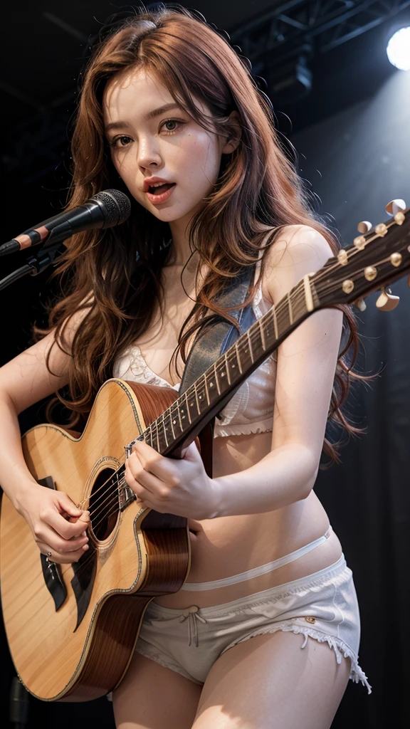 A 20-year-old girl who is as cute as a 16-year-old idol, Portraiture, Completely naked,guitar, Full body portrait, Natural light,  Accurate,  Anatomically correct,  Textured skin,  front lighting,  f/1.0mm,  fujifilm G FX 50R,  Regina Display,  Super Detail,  Attention to detail,  high quality,  最high quality,  High resolution, 1080p,  hard disk,  4K,  8k,  Wavy Hair,  guitarヒロイン, Let's Rock, Completely nakedのソロ歌手,Completely nakedでライブ