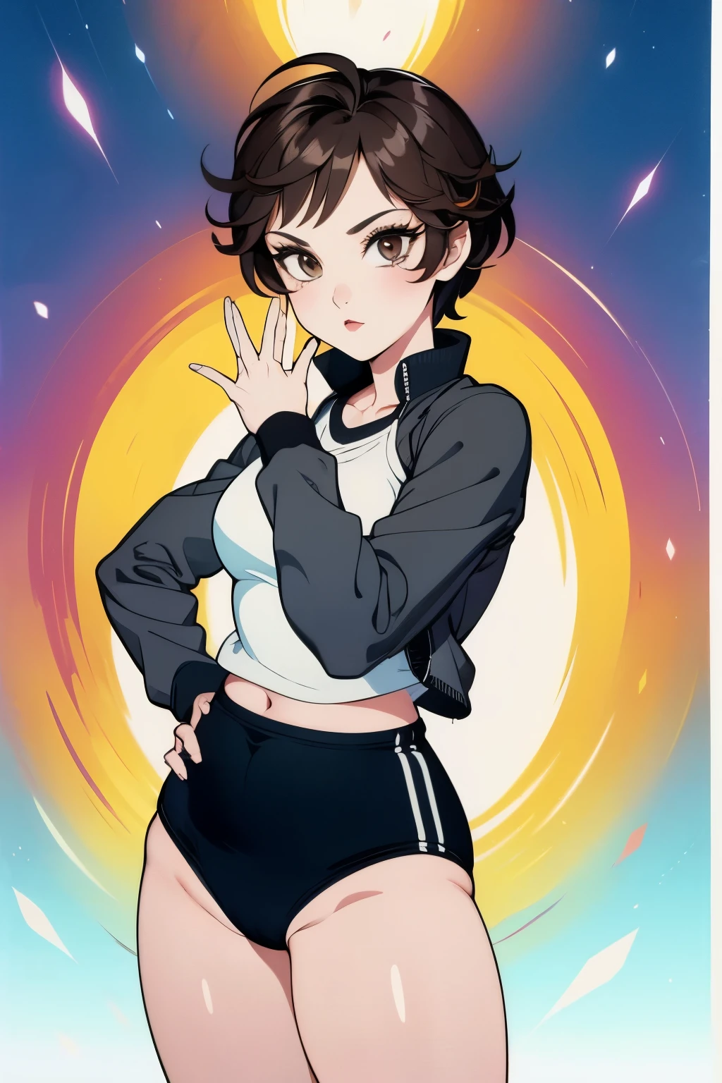Warrior Girl, wearing a Black gymnastics bloomers, High leg、white blouse, cowboy shot、wearing a leather jacket and Black gymnastics bloomers, High leg,hands on hips,cowboy shot ,