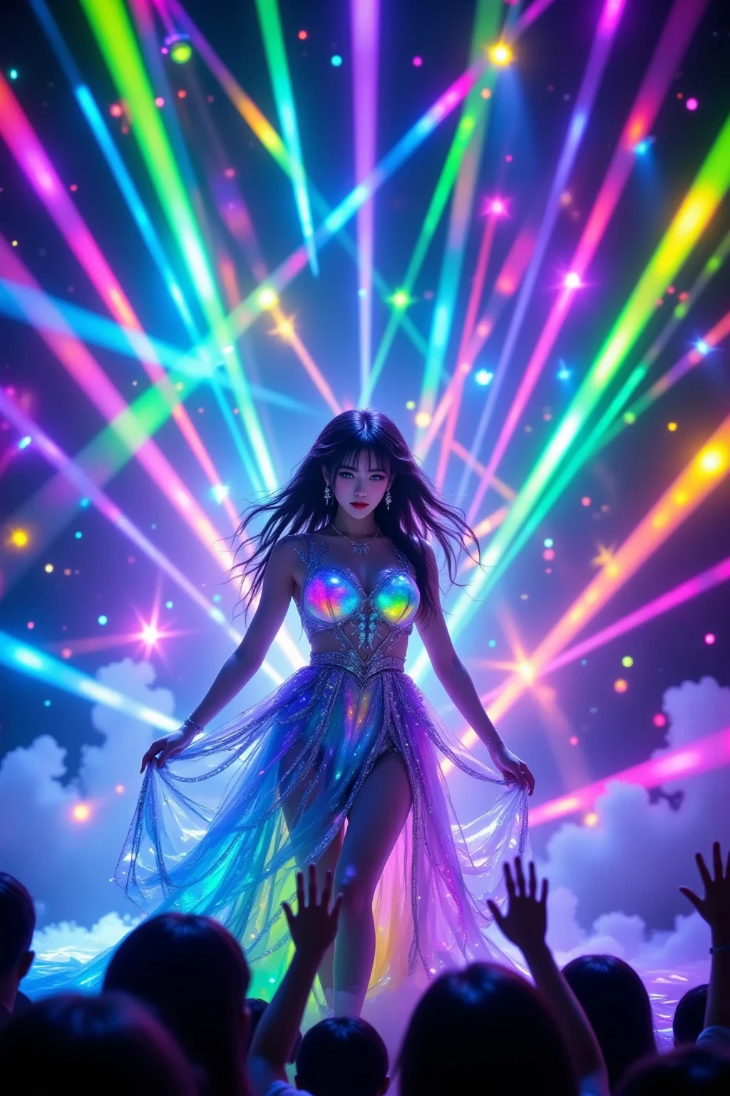 (best quality,4k,8k,highres,masterpiece:1.2),ultra-detailed,(realistic,photorealistic,photo-realistic:1.37),vibrant colors,electronic music background,full color,photo,poster,fashion,abstract design,modern style,dynamic energy,energetic atmosphere,striking visual effects,pulsating rhythm,creative visuals,stylish composition,glowing lights,futuristic elements,technological elements,synthesizer,turntables,CDJs,headphones,neon lights,glittering disco ball,dancing crowd,stylishly dressed models,(((black sunglasses, large-breast:1.2))),eclectic fashion choices,colorful patterns,shimmering fabrics,sharp lines,mirror reflections,playful poses,dynamic movement,dynamic light and shadow,dazzling visual spectacle,artistic expression,electric ambiance,multimedia experience, cinematic lighting, lens flare, ray tracing