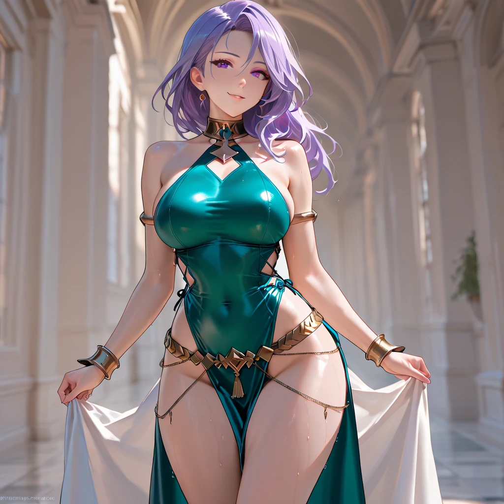 nsfw,LOOKING AT VIEWER,COWBOY SHOT,heroine, circlet, curly hair, green hair, short hair,PUSSY,
