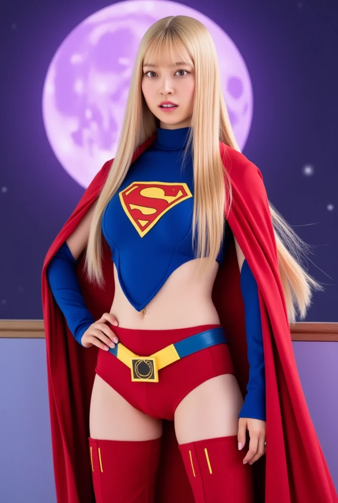 4k, realist, charismatic, Very detailed, there is a girl in space, dressed in a super girl costume, she is super girl, superhero theme, (((Very long blonde hair))), (((Horsetail with bangs))), 20 years, Whole body, (detail in the eyes), (detail on the face), incredibly beautiful, blue eyes, blush, make up, Red lipstick, mini skirt, (((Wide hips))), (((very thick thighs))), (((juicy thighs))), small breasts, dress, thick and small lips, seductive pose, (Extreme Hourglass Figure), muscular, slender, ((Super Girl mini skirt)), Boots, (((she is standing)))