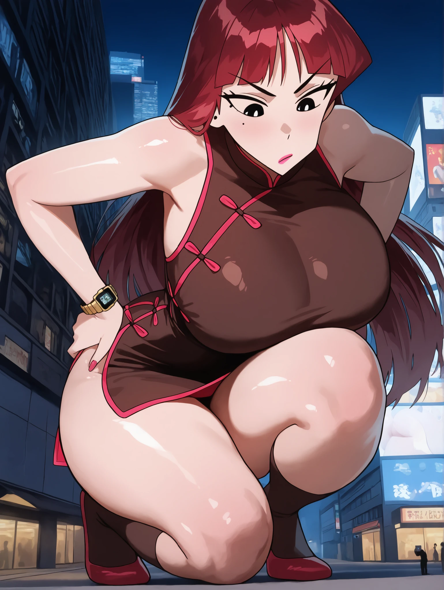 ((high reasterpiece), perfect anatomy, perfect shading, field of depth, (best quality), extremely delicate and beautiful, perfect lighting, detailed face, ultra cute face, cute, (cowboy shot 1.2), looking at viewer, full body, ((1girl)), ((solo)), short hair, fluffy hair, brown hair, hair decoration, green eye, ((blush)), nervous ((red chinese split dress 1.2)), extremely tight dress, thigh highs, medium breasts, cleavage, perky breasts, (((wide hips))), ((thick thighs)), (chubby), chubby belly, fat rolls, belly hang, street, town, chinese festival, night time, intricate background, detailed background, standing, (huge belly:1.4)
