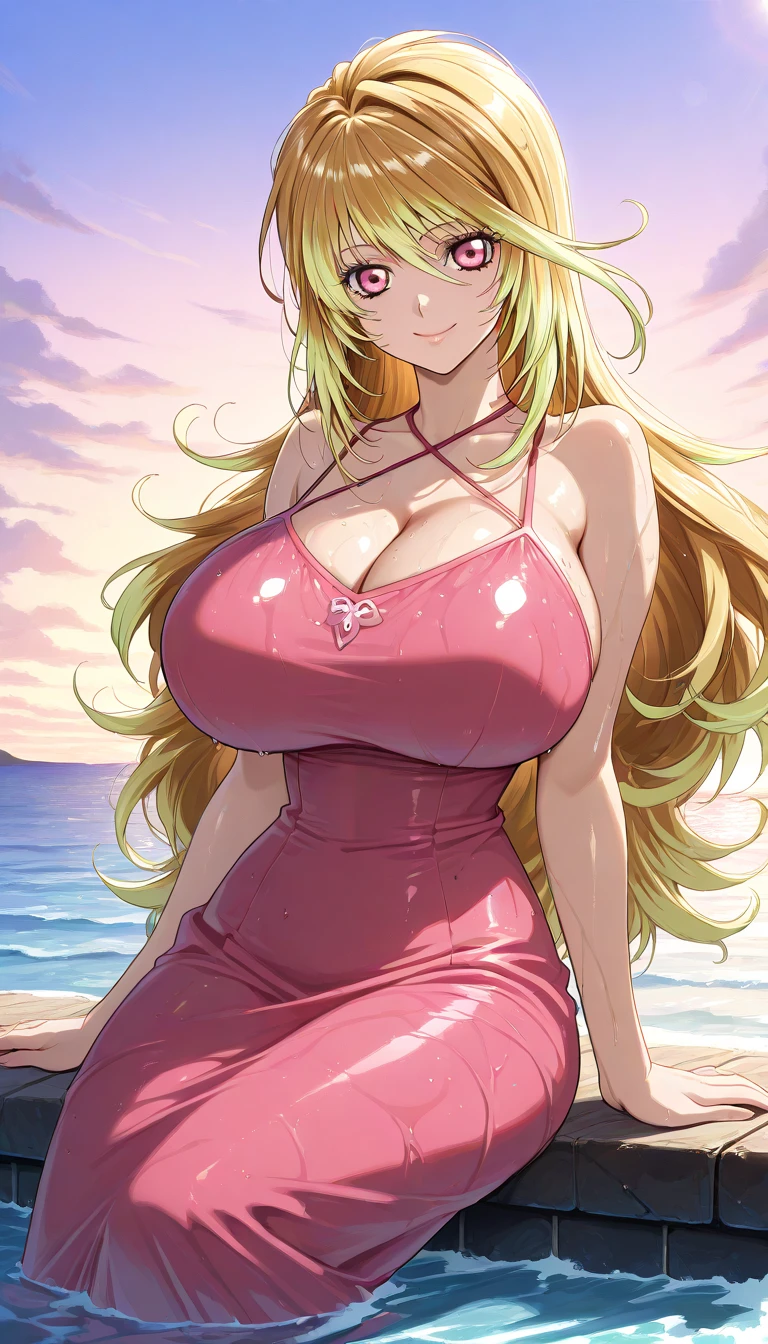 (Arezu:1.2), (Arezu Outfit), beautiful,masterpiece, (smir),((gigantic breasts)),smile,best quality, (pink dress:1.2), ((cocktail dress:1.2)), outdoors,sunny,(1girl:1.3), thighhighs, wide hips, loose top, teen girl, hyper realistic, bending forward, solid top, boob window, Slutty , slutty expression