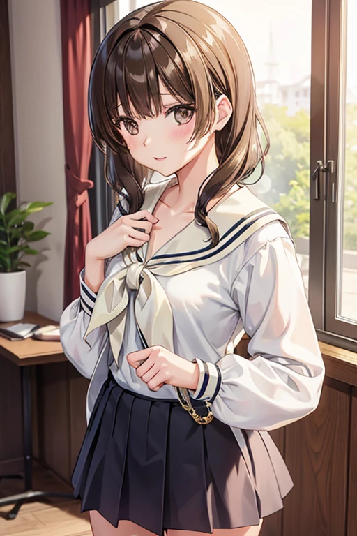 In the middle of nowhere, (Brown eyes:1.5), Brown Hair, short hair, Wavy Hair, (Flat Chest:1.2),, Long sleeve, neckerchief, shirt, skirt, uniform, white sailor color,
Highest quality, High resolution, unity 8k wallpaper, (figure:0.8), (Beautiful attention to detail:1.6), Highly detailed face, Perfect lighting, Highly detailed CG, (Perfect hands, Perfect Anatomy),((nsfw))