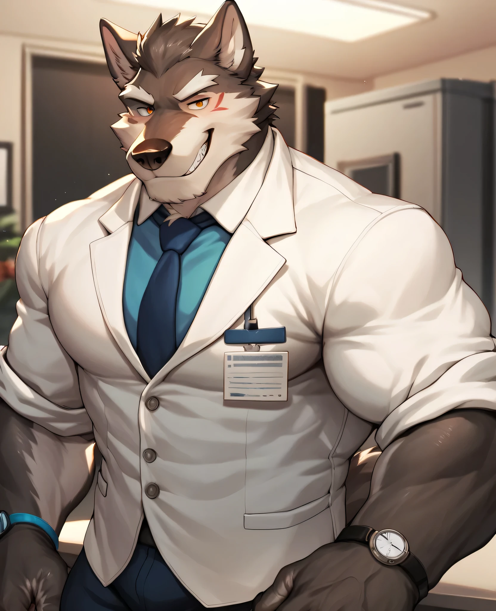 masterpiece, best quality, 8k resolution, Very detailed, hairy，tiger，((red hair))，muscle，Strong，超大muscle，((Hospital))，(((Purple pupils)))，For the audience，(((White coat)))，portrait，(((No clothes under the coat)))，(Highest quality scene)，(((Thong)))，(((Blushing)))，(((Hip bulge)))，(((Ultra clear eyes))，((Solitary))，((whole body))，(((Standing)))，((Mature))，(((Uncle)))，(((Orange fur)))，((Shame))，((Smile))