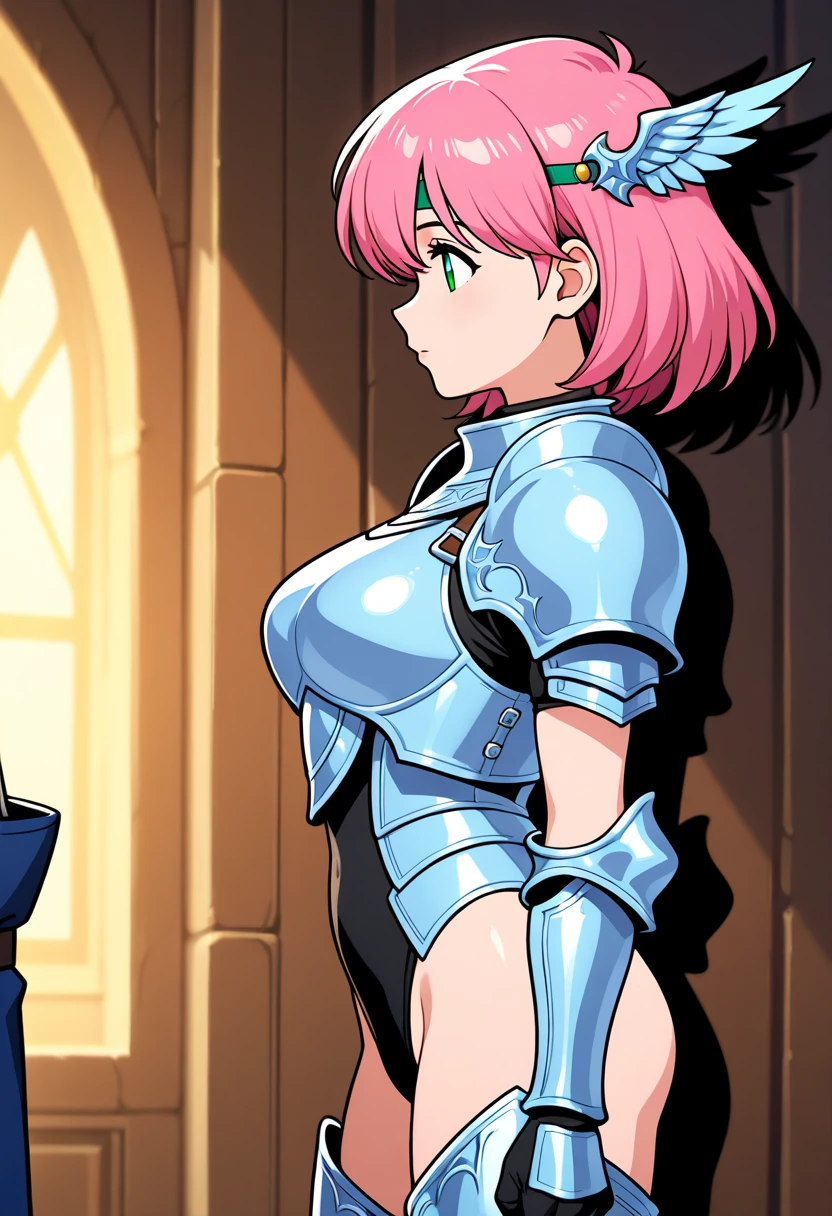 "(masterpiece:1.1), best quality,
1girl, (80s anime style:1.3), (eyelashes:1.5), (loli:1.2),
(intricate high detailed body:1.2),
(pink hair:1.1), (forehead, parted bangs, hairclip:1.1), (twintails, drill hair:1.2), (hair ribbon:1.2),
blue eyes, (lip stick:1.3),
(muscular body:1.1), (gigantic breasts:1.5),
(happy, smile:1.2), (blush:1.1), open mouth,
(lace body suit armor, cleavage cutout:1.2), (pantyhose:1.2),
(knight armor, armored boots:1.2), (accessories:1.1), necklace,
standing,
(upper body, cowboy shot, looking at viewer, from front:1.1),
(simple white background:1.2)"