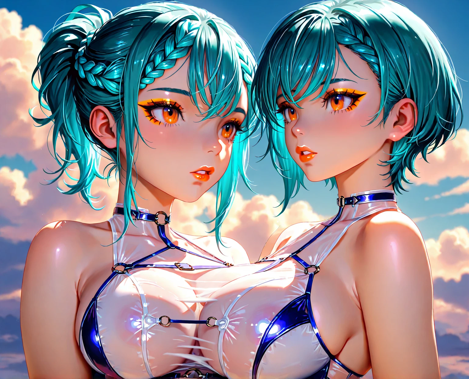 (conjoined_dicephalus),two heads,hugging,nude,(huge breasts),macromastia,(chubby,obese),pretty face,vivid colors,soft lighting,highres,(bokeh),portraits,romantic,colorful,contrast, (extra_heads), (2_heads), miku hair, (two heads:1.5), teal hair, picture of two heads