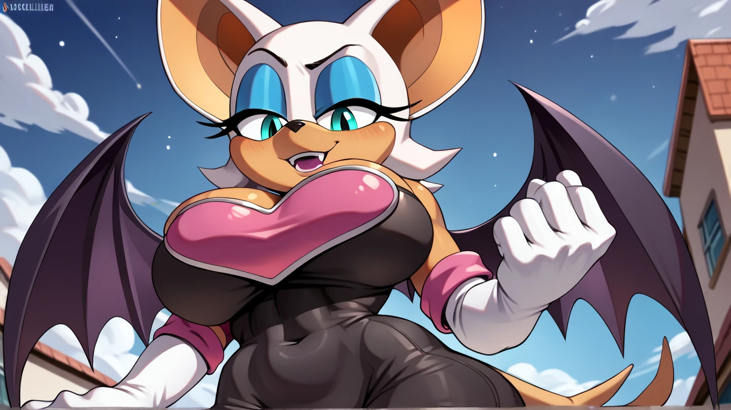 4k highly detailed realistic digital extremely high quality drawing, masterpiece, (by cutesexyrobutts), (uploaded on e621), (a full-body portrait of Rouge The Bat), (sexy hands on hips pose), ((wearing a collar, sexy playboy bodysuit with fishnet legwear and 8 inch heels)), (beautiful and detailed eyes: 1.1), detailed fur, seductive, sexy, voluptuous, curvy body, hourglass figure, large breasts, long legs, cinematic lighting, (f1.8 short focus bokeh)