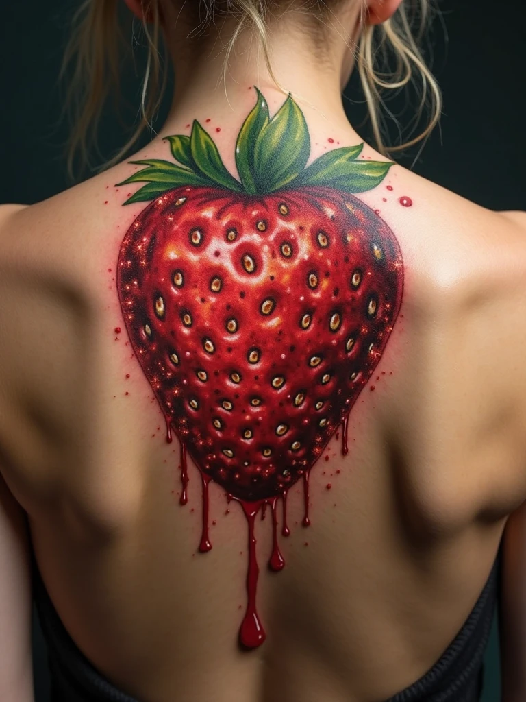 Arafed, Dark fantasy art, fantasy art, goth art, a picture of a tattoo on the back of a female elf, a glowing tattoo of a ((strawberry: 1.3)) on the elf's back, the ((strawberry tattoo)) is vivid, intricate detailed coming to life from the ink to real life, GlowingRunesAI_purple, ((fire surrounds the strawberry: 1.5)), shoot taken from the back, ((the back is visible: 1.3), she wears a transparent black dress, the dress is elegant, flowing, elven style, that the tattoos glow, dynamic hair color, dynamic hair style, faize,, Digital Painting, strwbrrxl