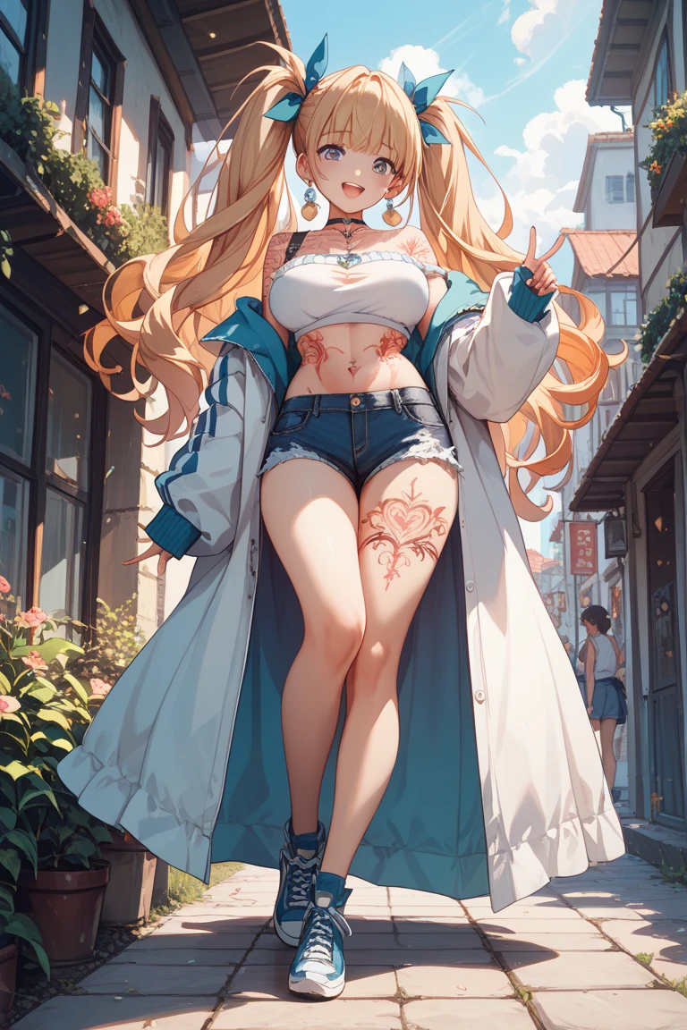 female, blonde flowing hair with green highlights, green eyes, (((1girl))), (((light blue minidress with white trim))), (pink denim cropped jacket), (white thigh high socks), (black boots), cute and sexy, full body, large breasts, cleavage, large butt, long legs, smiling