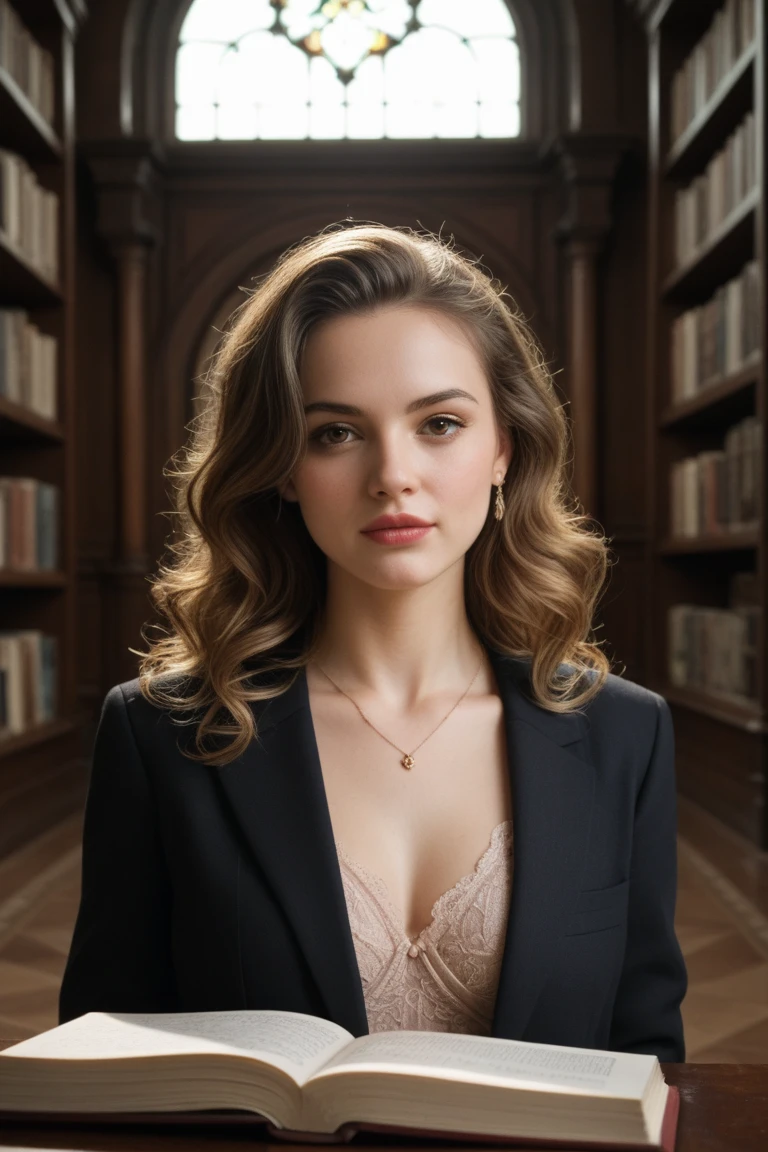 Close up, Beautiful librarian, Lewd librarian, hourglass figure, (Solo, 30 years old, detailed face, Detailed lush red lips, detailed mesmerizing blue eyes, long brunette hair, Black Blazer, White dress shirts, Black tight micro mini skirt), Wanting a kiss, Reading at her desk, at the library, cleavage, perfect face, Perfect image realism, detailed clothes, Hyper-Realism, Photorealistic, 8K maximum resolution, (masterpiece), highly detailed, Professional, cinematic lighting, rim lighting, studio lighting