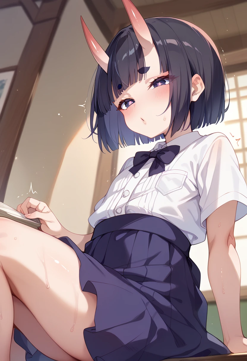 masterpiece、 high image quality、 high quality 、Shuten Doji(destination)、cuernos de demonio、short eyebrows、 short hair with shadows、 black hair、 by the red、8K ( figura de niño small 、 young、small) 、Desnudo、((sweat、language、Oh, he does、Half eye 、 shaking、 round eyes and round 、squinting)(squat、from below、 double piece)