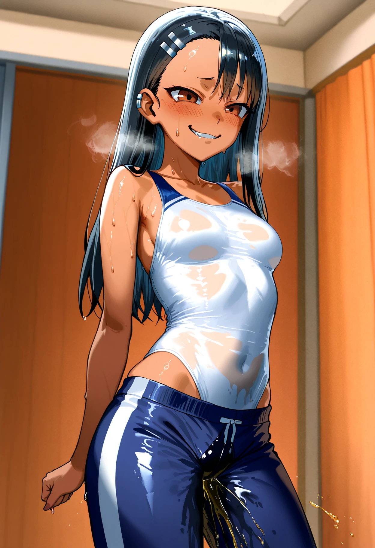  (masterpiece:1.3), (ultra detailed:1.2), beautiful detailed eyes, ultra-detailed,  
ceiling, sit astride, girl on top,
very long twin tails, brown hair,
flat_chest, 
((school swimsuit)), Highly detailed glossy skin, Dark blue one-piece swimsuit, (Swimsuit with wet and shiny details: 1.2),
Wet and shiny thighs, evil grin, Crab crotch, Extensive_feet,