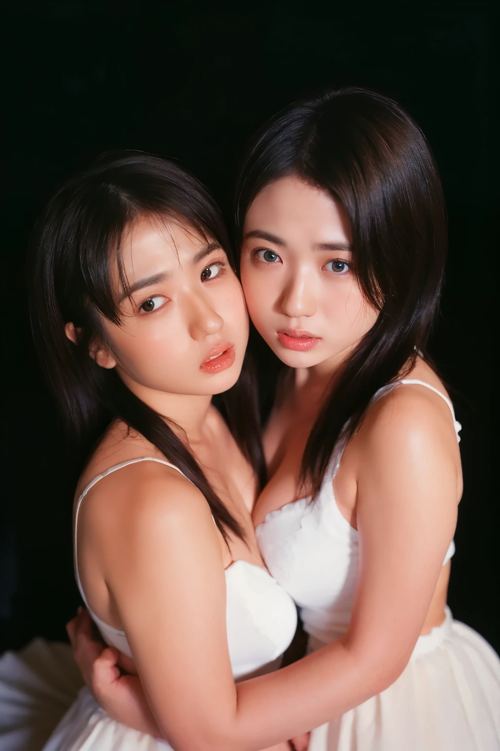 Ultra detailed, hyper-realistic photo , twin sisters embracing passionately under dramatic studio lights, intimate moment captured candidly, deep emotional connection.