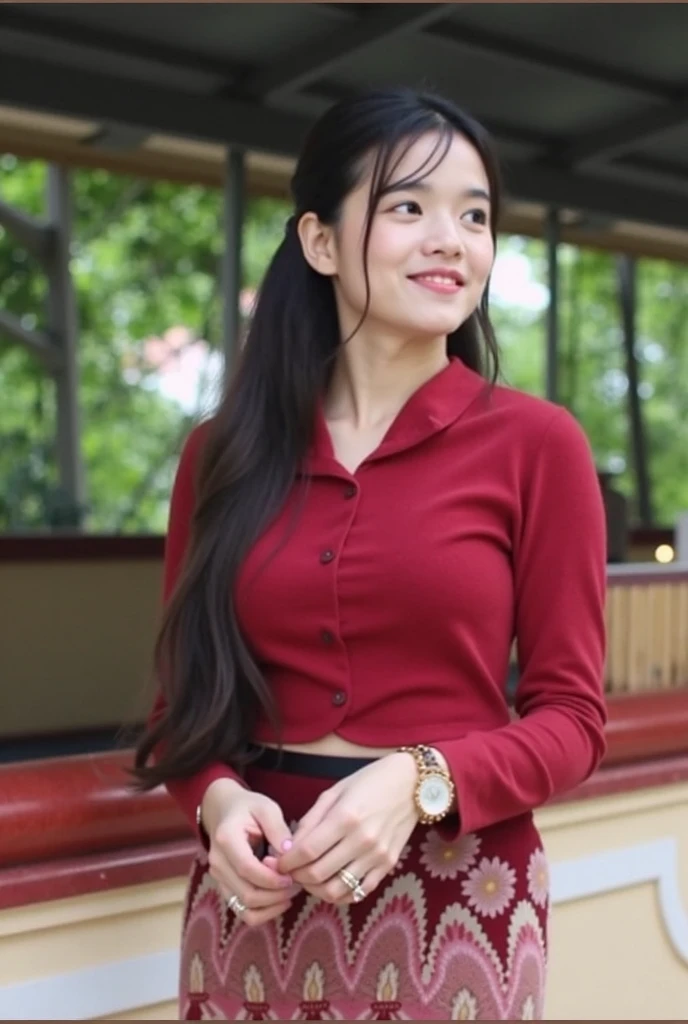there is a woman standing on a bridge wearing a red shirt and black pants, in red and black, red and black, black and red only, sporty, inspired by Naza, in tshirt, black and red, hijab, handsome girl, with lovely look, wearing red attire, potrait, in background, sakimi chan, faridah malik, black on red