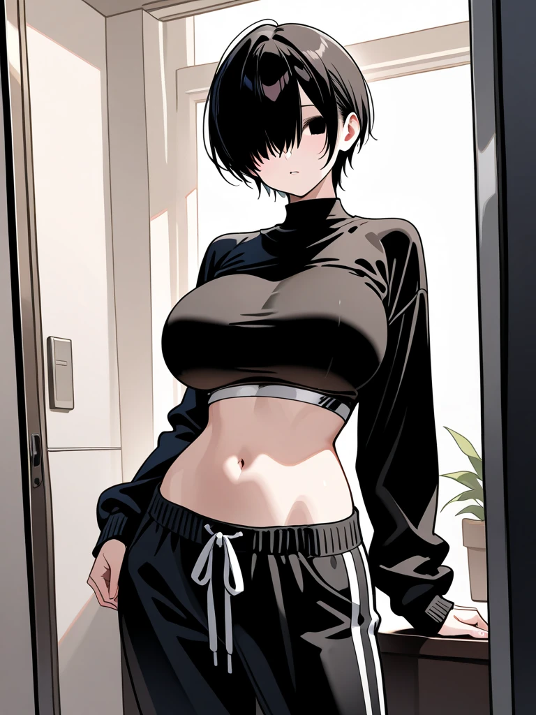 Obra maestra, la mejor calidad, bien detallada, Anime style image of a girl with short black hair, she has an eyepatch covering her left eye, she is muscular and her right arm is wrapped and full of bandages and she wears a schoolgirl uniform