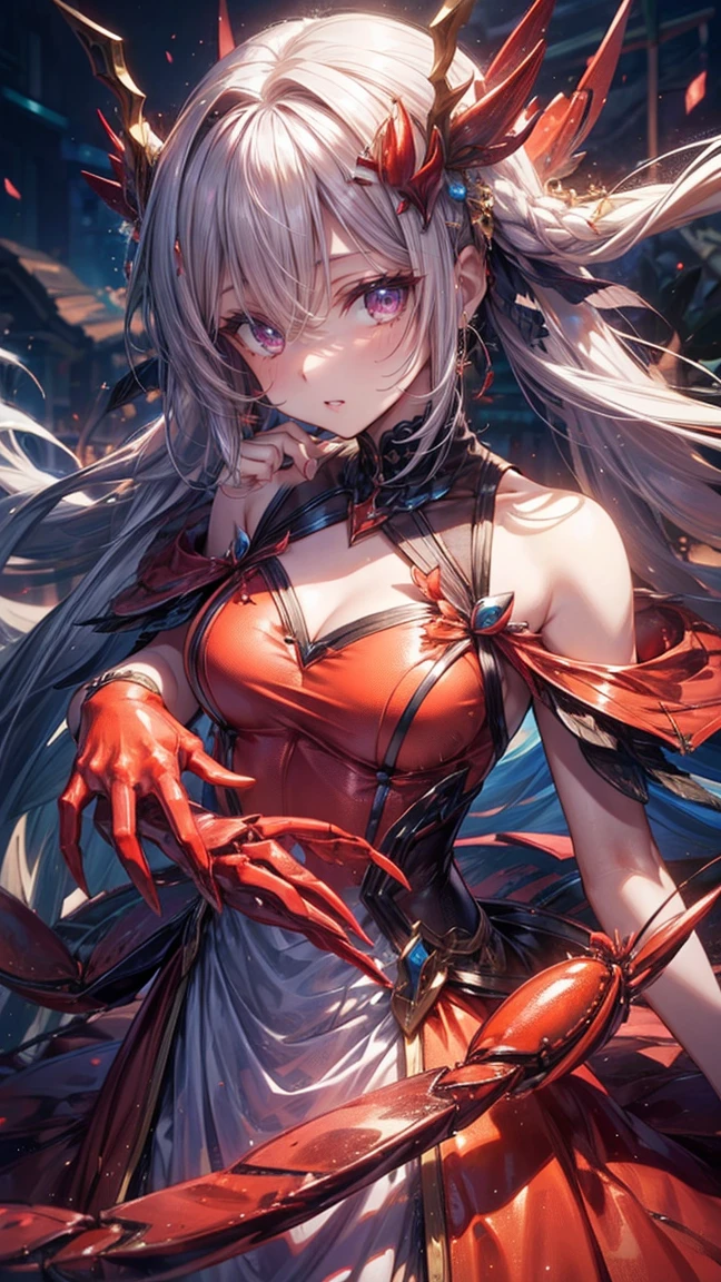 masterpiece, best quality, highres, 1girl, horns,(theresahead), (red eyes), (Sulking), white dress solo, shoulder armor, dress, very long hair, thigh strap, white dress, (in fighting stands), (holding a big sword), (wearing steel greaves), (wearing steel gauntlets), (wearing chest plate), cleavage, pauldrons, white thighhighs, medium breasts, bangs, detached sleeves, (attacking monster)