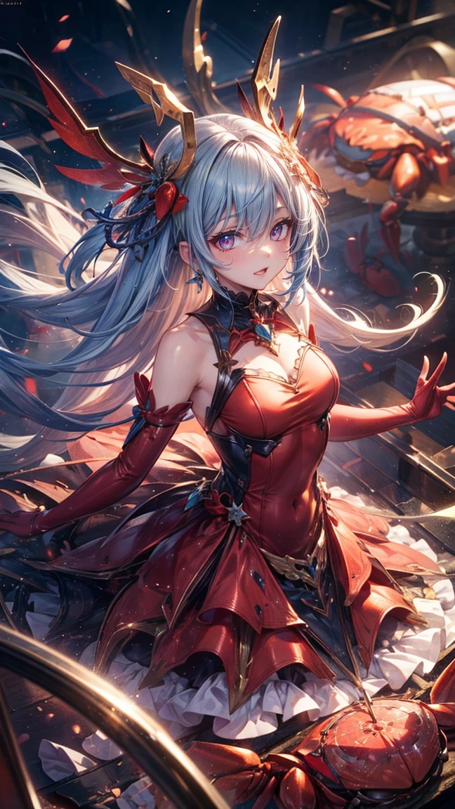 (masterpiece, Top quality, best quality, Official Art, Beauty and aesthetics: 1.2), Very detailed, Fractal Art, rich and colorful, Most detailed, tangled, (1 Girl), White hair, Long hair, (Glittering red eyes), Large Breasts, mystery, Tights, Sexy, ((Blue Mech, Rabbit ears))