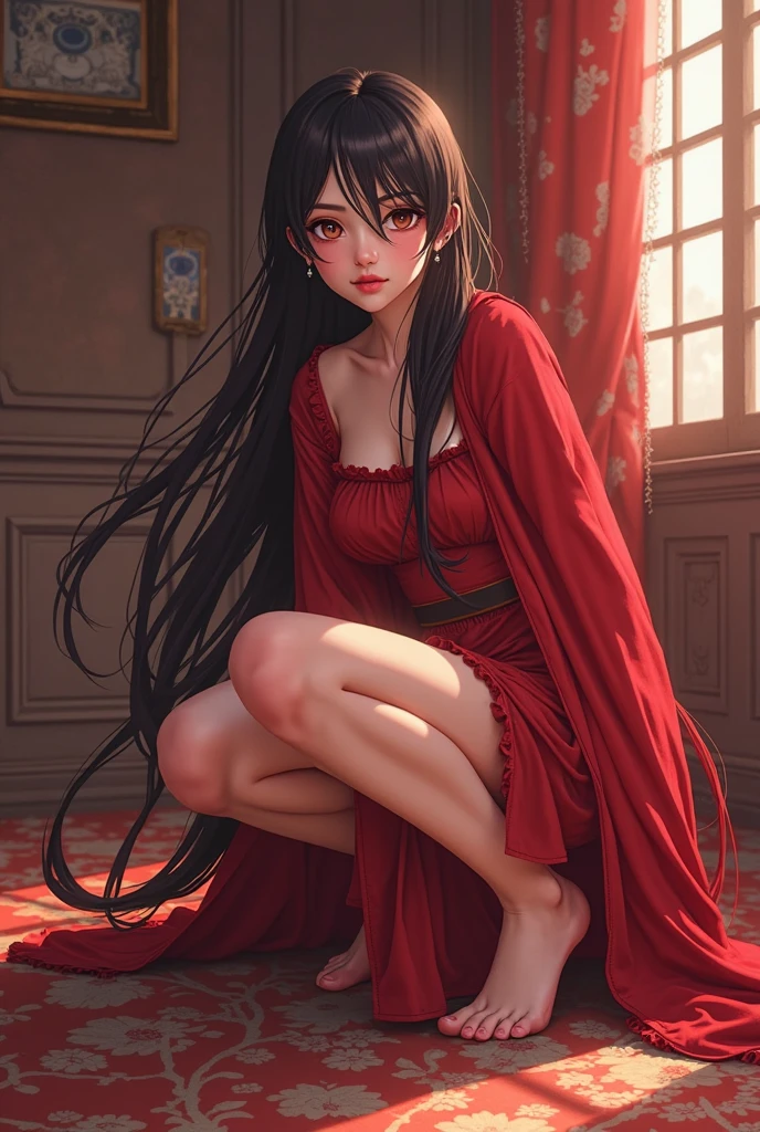 ((immensely beautiful one feet one toe)), ((low-angle close-up to feet)), (push one's feet forward), sit down on floor (solo:1.3 straight black hair long hair (female dominance girl) cute red eyes) 17 yo sexy smile, in a no exposure red pajamas, (masterpiece:1.2, best quality, 8k, beautiful detailed grow).