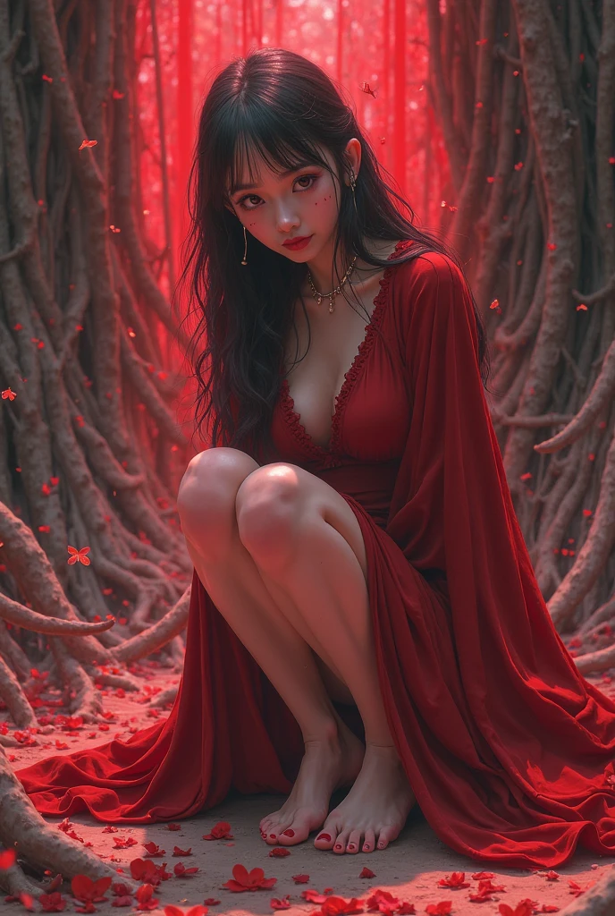 (RAW photo, 4k, masterpiece, high res, extremely intricate), cinematic lighting surrealism, realistic photograph of a 18y naked girl laying down in a dark forest bush, werewolf girl, lycanthropy, with bubbles surrounding her, in the style of Zdzislaw Beksinski, dark red and blood navy, full body, legs spread, long legs, beautiful legs, hairy pubic, large breasts, detailed facial features, detailed character design, close-up intensity.