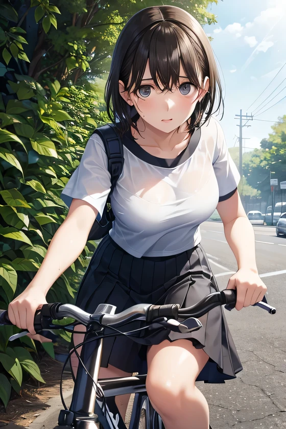 Extremely beautiful school girl, brown hair , pantie tug, covered_nipples, blue bra, blushed, [small breast], , have a school bag, noughty face, riding bicycle