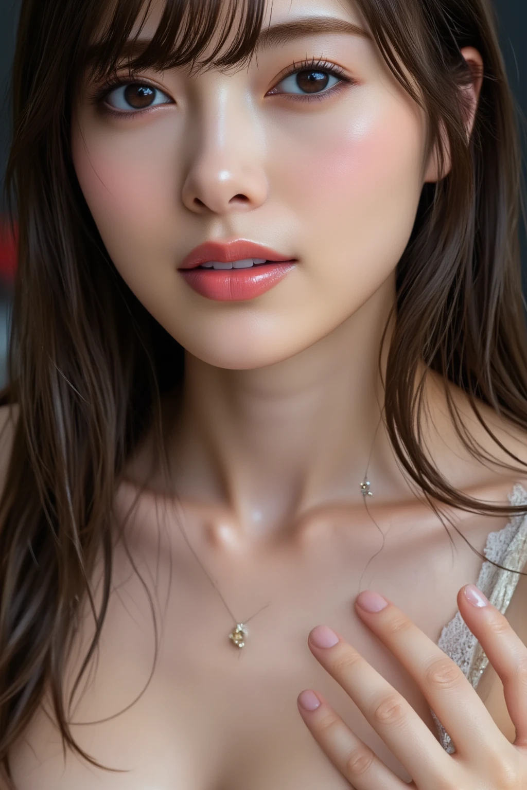 (Korean women look back near windown :1.5),(perfects breasts :1.5), (topview :1.6) , goddess, perfect body, long hair, fine skin texture and cloth texture, detailed eye texture, long eyelashes, double eyelids, (chest close-up: 1.4), hotel, 8k, highest image quality, masterpiece, super high resolution: 1.2, beautiful female photo with the theme of girly elegant style, Arad woman posing for photo in light dress, soft organza dress, flowing dress, wearing elegant dress, wide waist, lace fabric, lace bra, lace, (white light dress:1.2), Elegant dresses, flowing, chiffon, (voile dresses) , ((sexy)), (charming), (flirting) , (indoor), (library room themes:1.4)