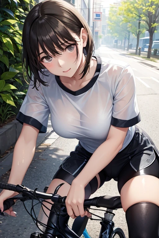 ((((nsfw)))), Nipples, kochou shinobu, (((((Road bike))))), (((Cycling Shorts, Cycling shirts))), (((((bicycleに乗る))))), ((((((Road bikeに跨る)))))), , whole body, boost mood, Ultra-realistic 8K CG,masterpiece,, ((Highly detailed background,Delicate pattern,Intricate details, Fine and beautiful eyes)),The best quality in the best condition,とてもとてもとても詳細なface, Highly detailed eyesとface,Highly detailed eyes,kochou shinobu,Multicolored Hair,No bangs,Hair Intake,, Purple eyes,,butterfly,band,(熱band庭園:1.2),Purple Flower,mostly cloudy null,Tyndall effect,slope_null,face,beautiful null,,Seductive posture,(Cleavage:1.3), woman,s old,Road bike,No underwear, cute, (((Cycling Shorts))),,Laughing with your mouth open, ((Sweat))(See through),((bicycle)),((Black Hair)),blush,((Recall))(Sweatで濡れた)Reflecting the buttocks,bicycleのスパッツ, Mountain