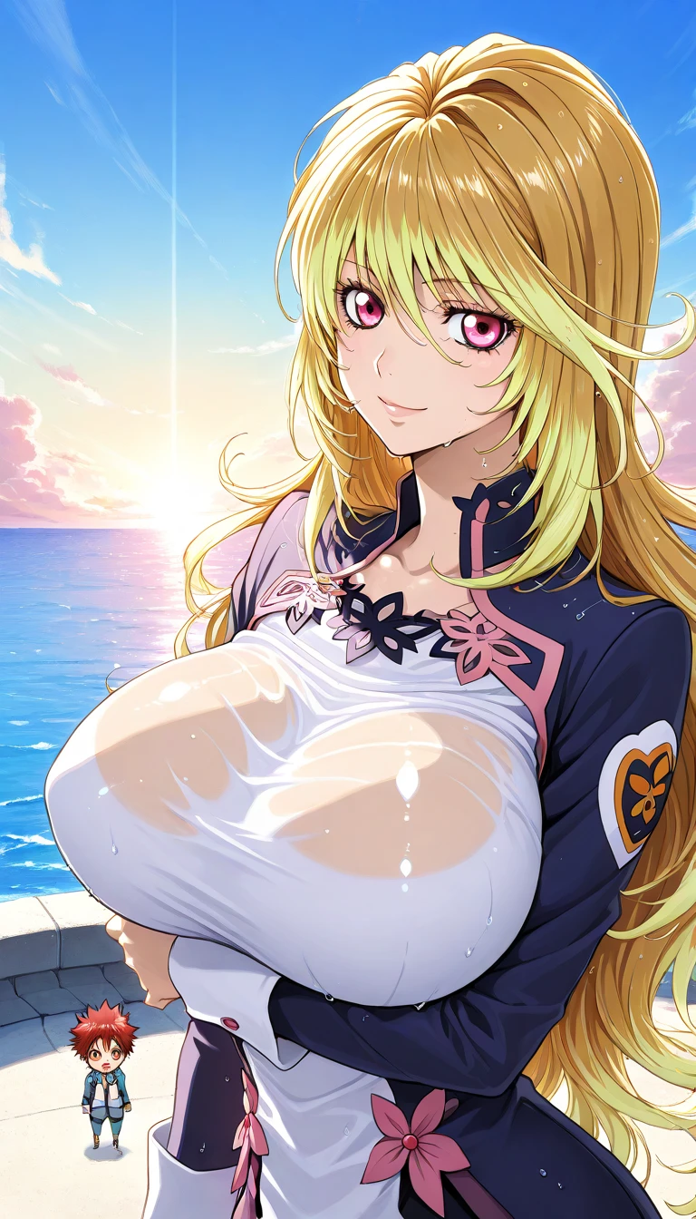 ultra-detailed, ((one girl)), (tan skin improved:1.4),(tanlines:1.3), (sweat skin), (heavy makeup:1.3), hyper detailed, absurdres, 8K, Beautiful Face, (Laugh shyly), ((teasing smile:1.8)),((Wink:1.7)), (Laugh with your mouth wide open),((Tilt your head:1.6)), View your viewers, ((Bright red cheeks:1.6)),Glossy Red Lips, ((Big Breasts:1.5)), ((show off breast:1.4)), ((nipples)), ((Fold your arms under your chest:1.3)), night, An observation deck overlooking the sea, (Brighten your face), ((Anime style background)),masterpiece, Highest quality, so beautiful,Latest, Complex details, (Pink long nails), (nail art), (ring),(bracelet), (Floral Choker),AI-generated, Complex,High resolution, Highest quality, super high quality,3D Images、3D Images,One person,Yellow long hair,(High Ponytail), (wavy hair:1.3), Anime woman posing for a photo, ((Fine grain、blue eyes、glowing eyes:1.4)), (Squint your eyes:1.1),a hyperRealistic , hyperRealistic , Realistic,Anime woman with long yellow hair, Smooth anime CG art, A girl in a gorgeous pastel-colored kimono, ((undressing)), ((Pastel-colored furisode)),(Pink large floral pattern) ,Long flower hair ornament,Floral Earrings,Mature Body, tall,Narrow waist,sit, (penis, breasts blowjob, paizuri, penis is between breasts, penis in breasts, breast squeeze, fellatio)