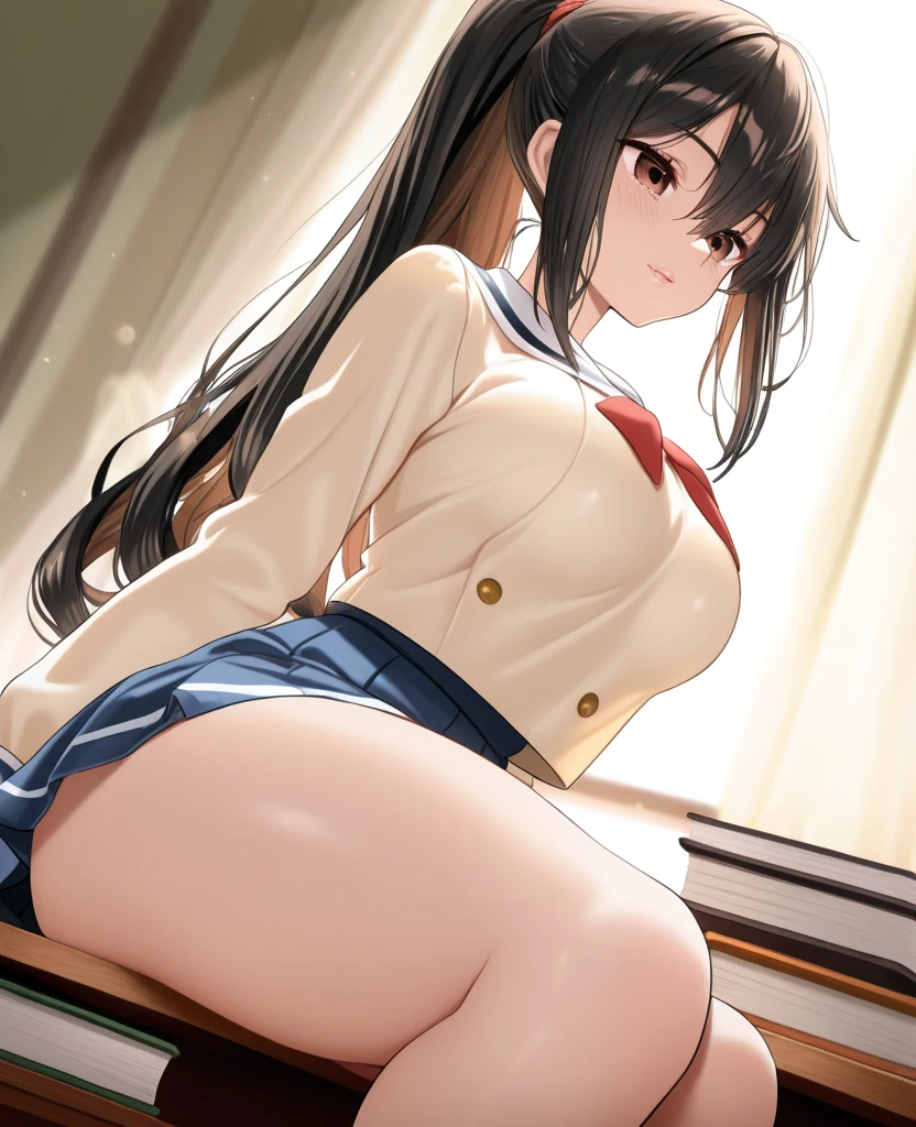 masterpiece、High resolution、High resolution、4K、8k、(((Spread your legs、Big Breasts、Exposing the breasts)))、((Shiny underwear、Panties worn)))、Sailor Warrior Uniforms、Beautiful beauty、Long black hair、((whole body))、(((Photo taken from below)))、School、classroom、Large Breasts、Big Breastini skirt、Panties are black、Japanese、expensive、Long limbs、18-year-old、Sailor Mars、A beautiful nose like a model、Please put your hands on your hips、Natural smile、Sexy pose、Hairstyle: Long hair、Beautiful belly button、Absolute area、Cowboy Shot