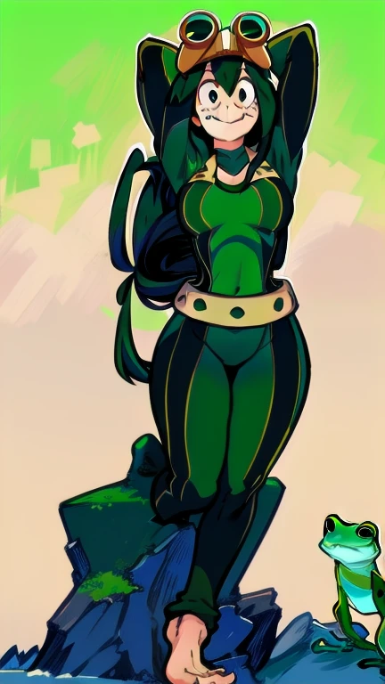 ((masterpiece,best quality)),only one woman,((All-green tight morphsuit wrap full body nude)),((black eyes)),((black low pigtails)),blunt bangs,hime cut,smile, delicate hands,anime,illustration,Two dimensions,beautiful girl
