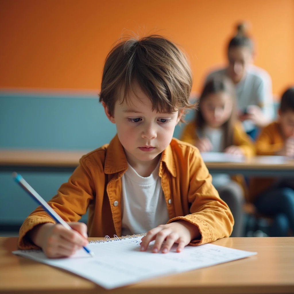Developing cultural and intellectual skills, education according to the curricula prescribed for students , receiving information in the classroom, a close-up picture of a student with blonde hair , wearing a green uniform sitting on a school desk, performing school assignments