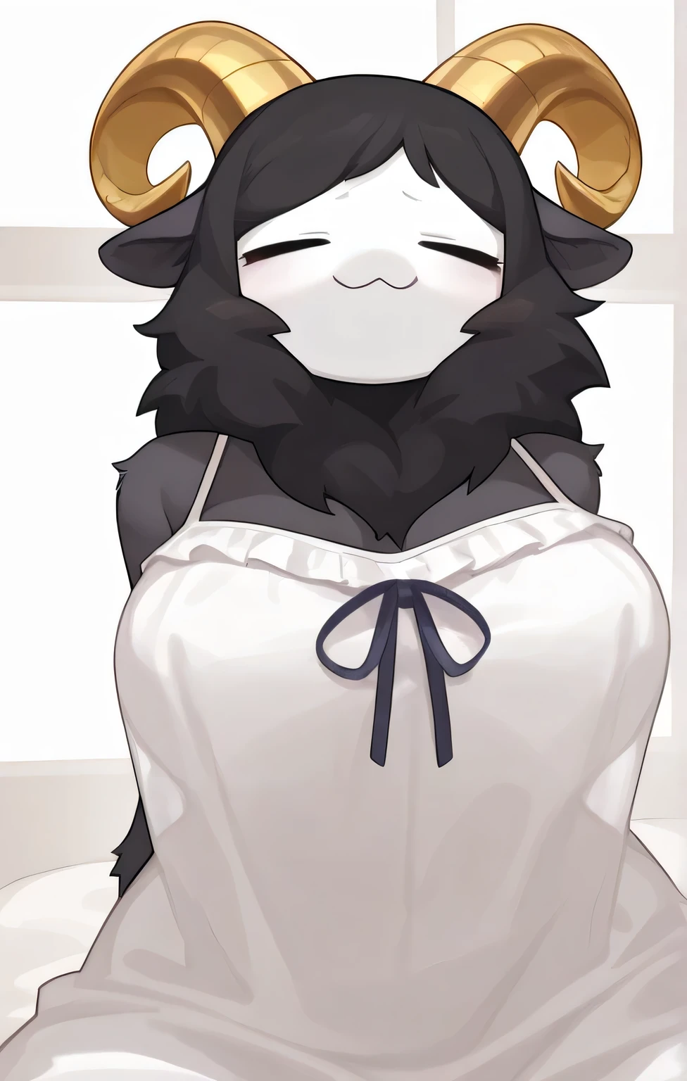 in, Highest Quality, masterpiece、no human、Electric Sheep、White Face、 golden horns、 white nightwear