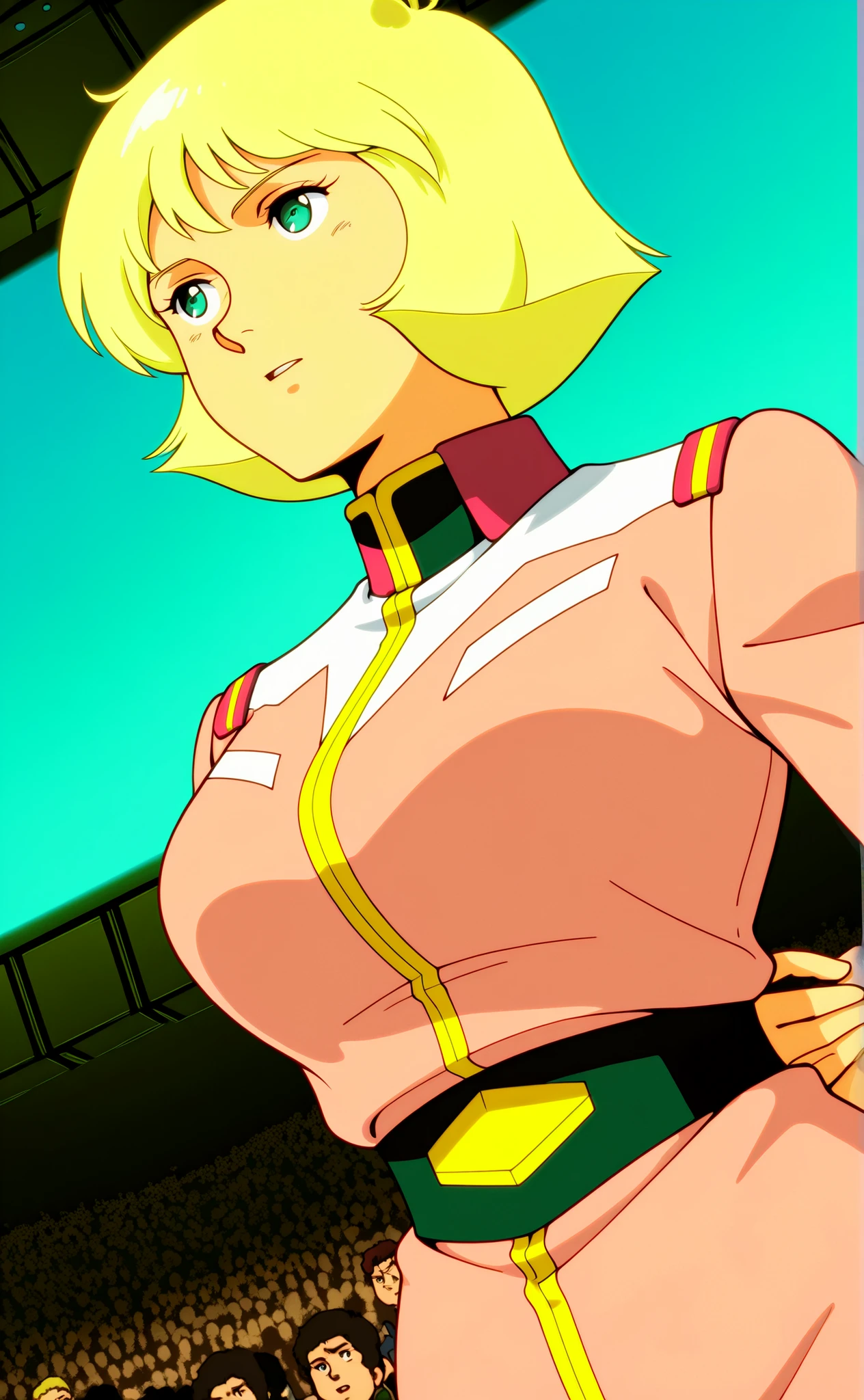 general,high definition, Super Detail,very aesthetic,Highest Quality ,best arm,best eye,easynegative,
dynamic angle, Dutch Angle, ANIMATION COLORING,animated screen caps,
1 woman,audience,spaceship, put your hand on your lower back,
Saila Mass,blonde_hair, short_hair, green_eye, huge_chest,pink military uniform,