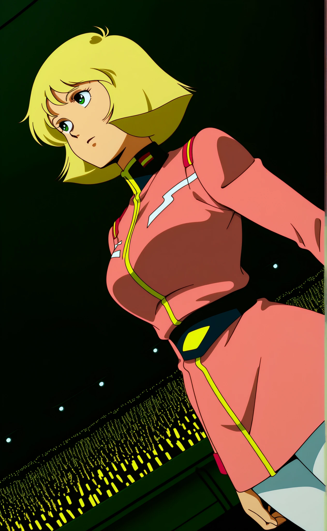 general,high definition, Super Detail,very aesthetic,Highest Quality ,best arm,best eye,easynegative,
dynamic angle, Dutch Angle, ANIMATION COLORING,animated screen caps,
1 woman,audience,spaceship, put your hand on your lower back, 
 Saila Mass,blonde_hair, short_hair, green_eye, huge_chest,pink military uniform,