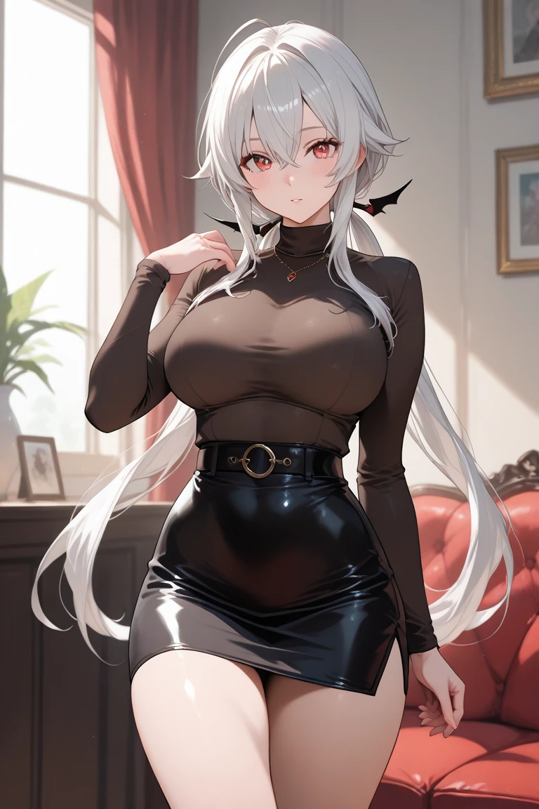 (8k, RAW Photos, Maximum quality, work of art: 1.2), (high qualiy), ray tracing, HDR, (High details), (large lips, Delicious lips, beautiful lips, wide lips), Stylized blush, work of art, best qualityer, high qualiy, high resolution, 4K, Glossy lips, make up, gorgeous eyes, cloused mouth, neutral expression, Woman, detailded, neckleace, 1 girl, standing alone, work of art, best qualityer, high qualiy, high resolution, 4K, (black Woman, African American Woman, Woman de pele escura, shorth hair, curly hair, White hair:1.5), White sweater, Store background, overskirt, Stockings, one eye covered, Eyes red, Cinnabus, Style Cinnabus, hair elastic,