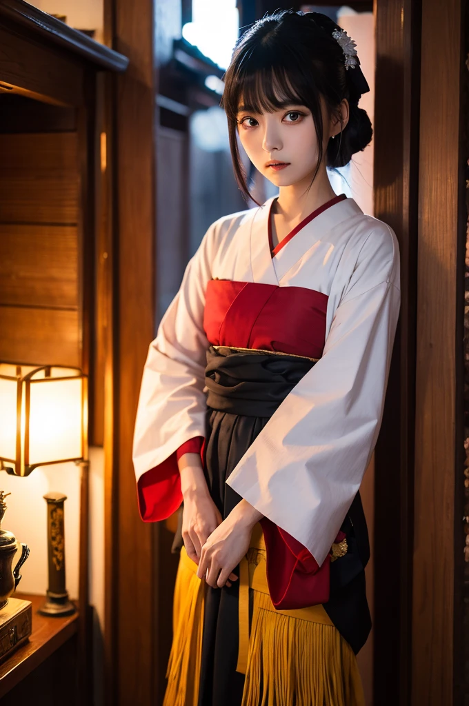 A Japanese samurai woman, with black hair, and a red ribbon in your hair, wears a red kimono, with a black sash tied around her waist.