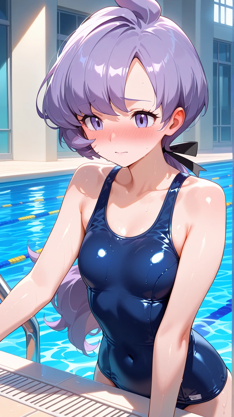 ((ultra detailed, masterpiece, absurdres)) T8Reina, 1girl, short hair, purple hair, multicolored hair, indigo bikini, looking from behind, back view, with a ringed floatie in the water, detailed skin, water soaked skin
