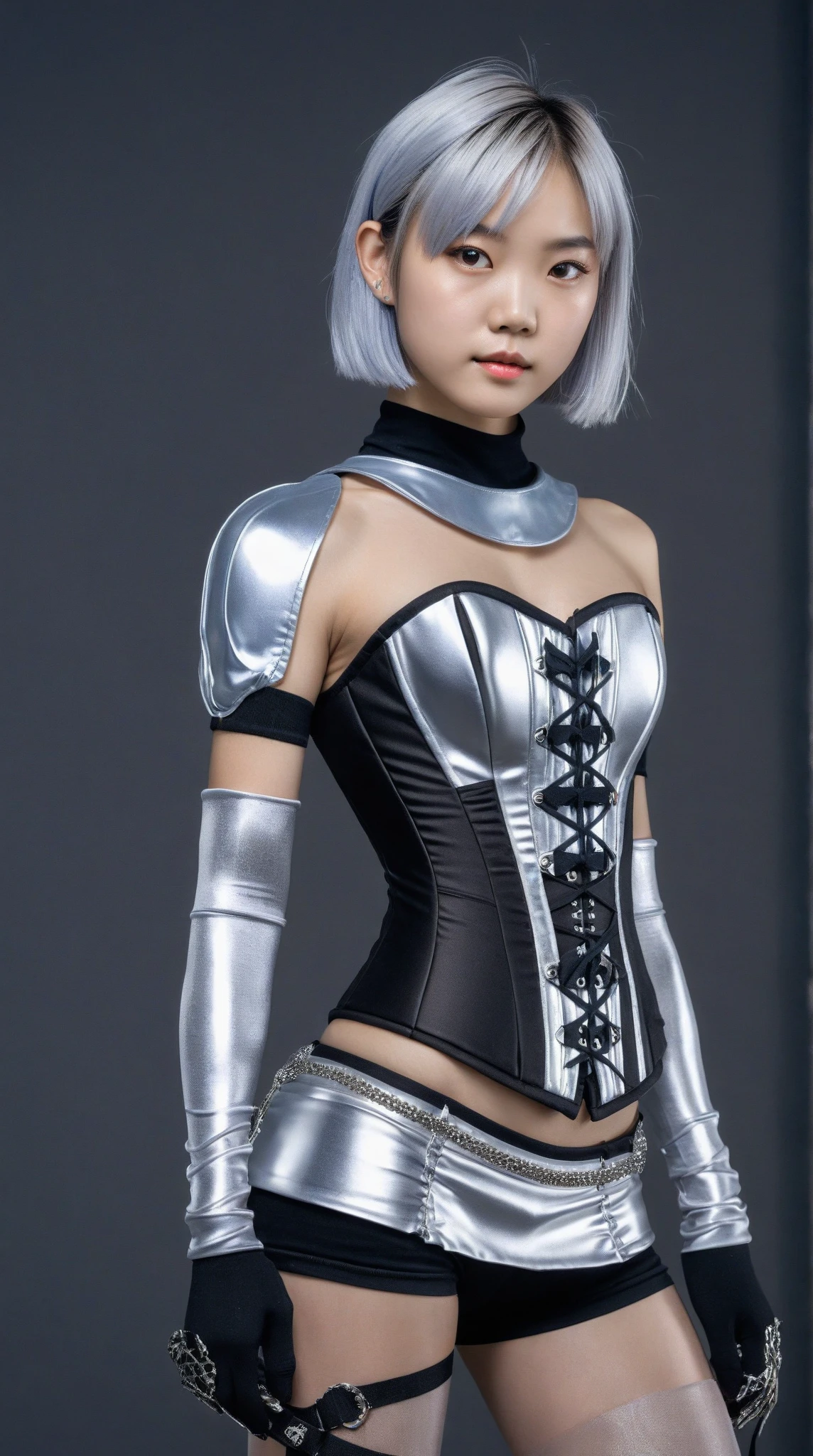 {best quality}, {{masterpiece}}, {high res}, extremely detailed CG, extremely detailed 8K wallpaper, extremely detailed character,{an extremely delicate and beautiful portrait}, (((portrait))), solo, sharp focus, dramatic angle, {{cinematic lighting}}, (photorealistic:2), {{{character ({{{a girl}}}, {{{{{{loli}}}}}}, smile, opened mouth, beautiful detailed eyes, light blue eyes)}}}, ((18 years old)), highly detailed eyes, highly detailed face, (cowboy shot), 1 girl, solo, standing, studio background, (black background), white hair, multicolored hair, petite, blue hoodie, hair ornament, (((tight clothes)))