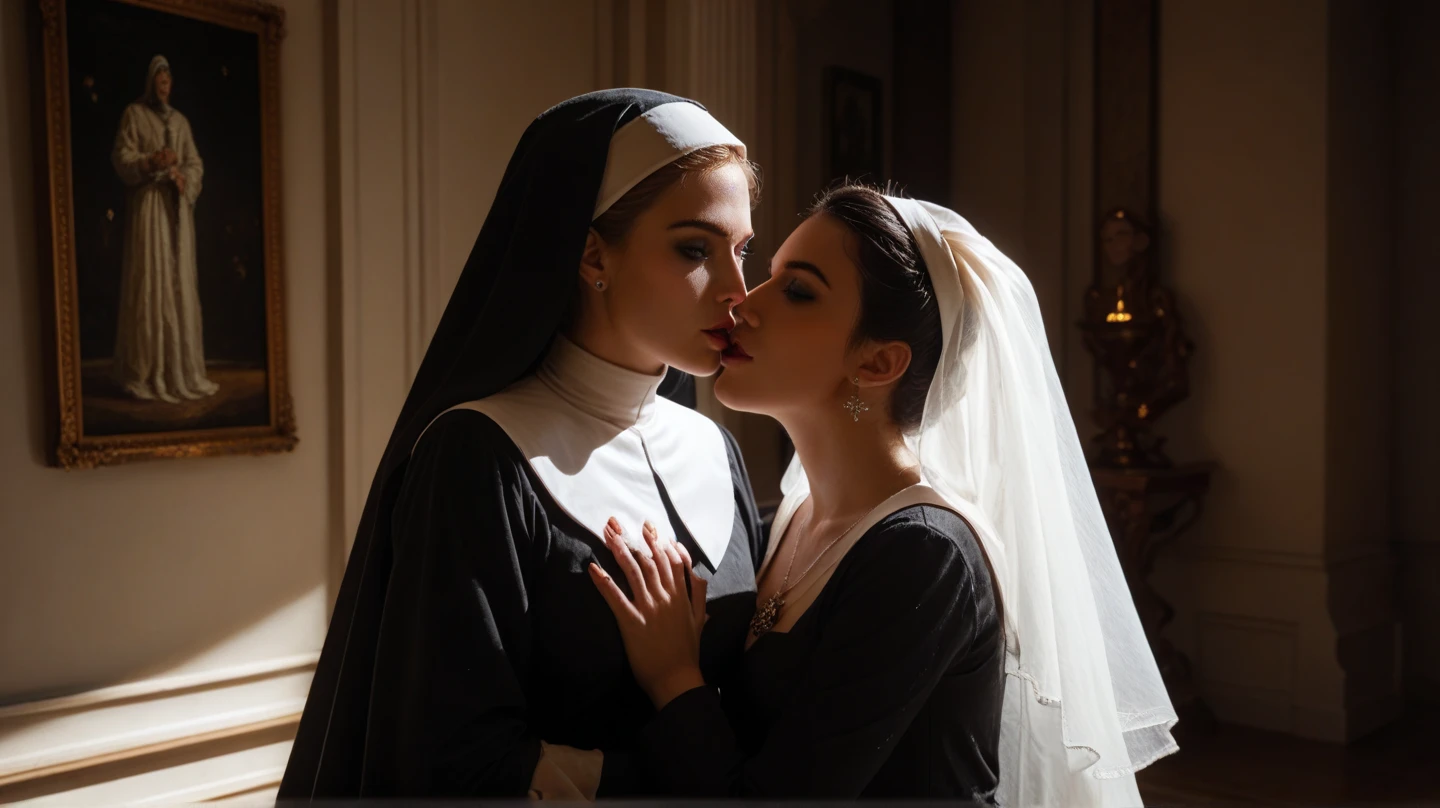three girls, masterpiece,best qualtiy,hdr, hyper HD, 8K,Bokeh,Ultra-fine painting,Sharp focus,Physically-based rendering,Extreme detail description,full-body photo, in a monastary, looking at viewer, (big breasts:1.3), (kissing:1.2), dressed like a nun, (hugging from behind:1.2), sexy smile, choker, (long wolf_cut hair), (EOS R8, 50 millimeters, F1.2, 8K, RAW photo:1.2), photograph by arny freytag