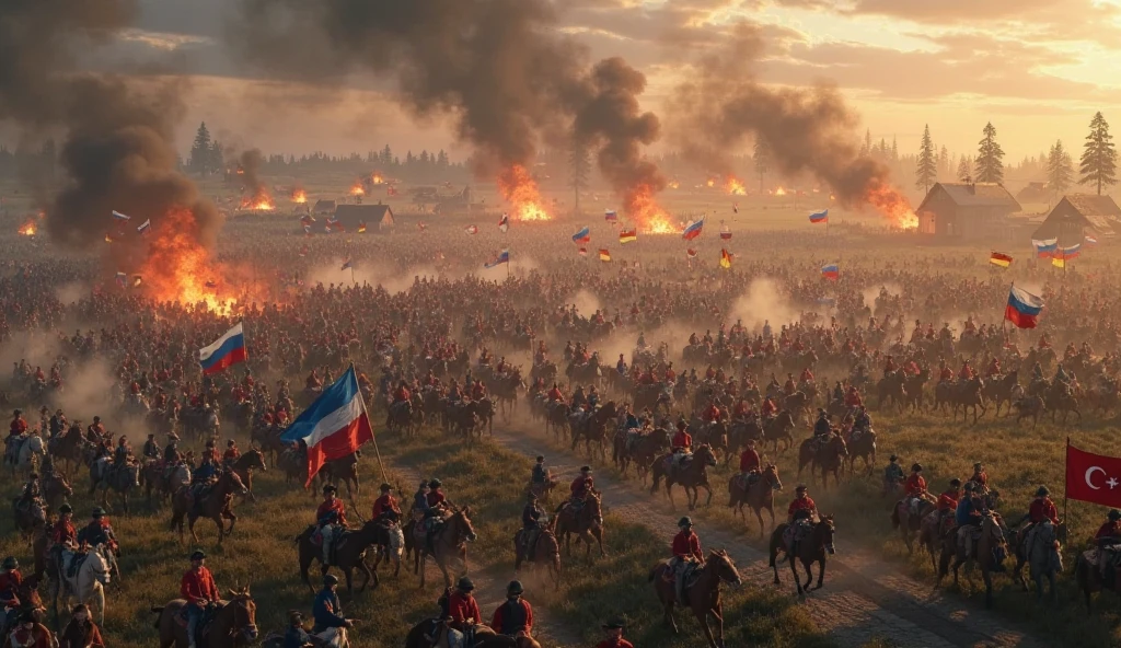 a large group of people on horseback with many national flags, award - winning epic painting, by Darek Zabrocki, epic battlescene, background: battle scene, medieval fantasy battle, by Ludwik Konarzewski, by Ludwik Konarzewski Jr, background of invading army, battle