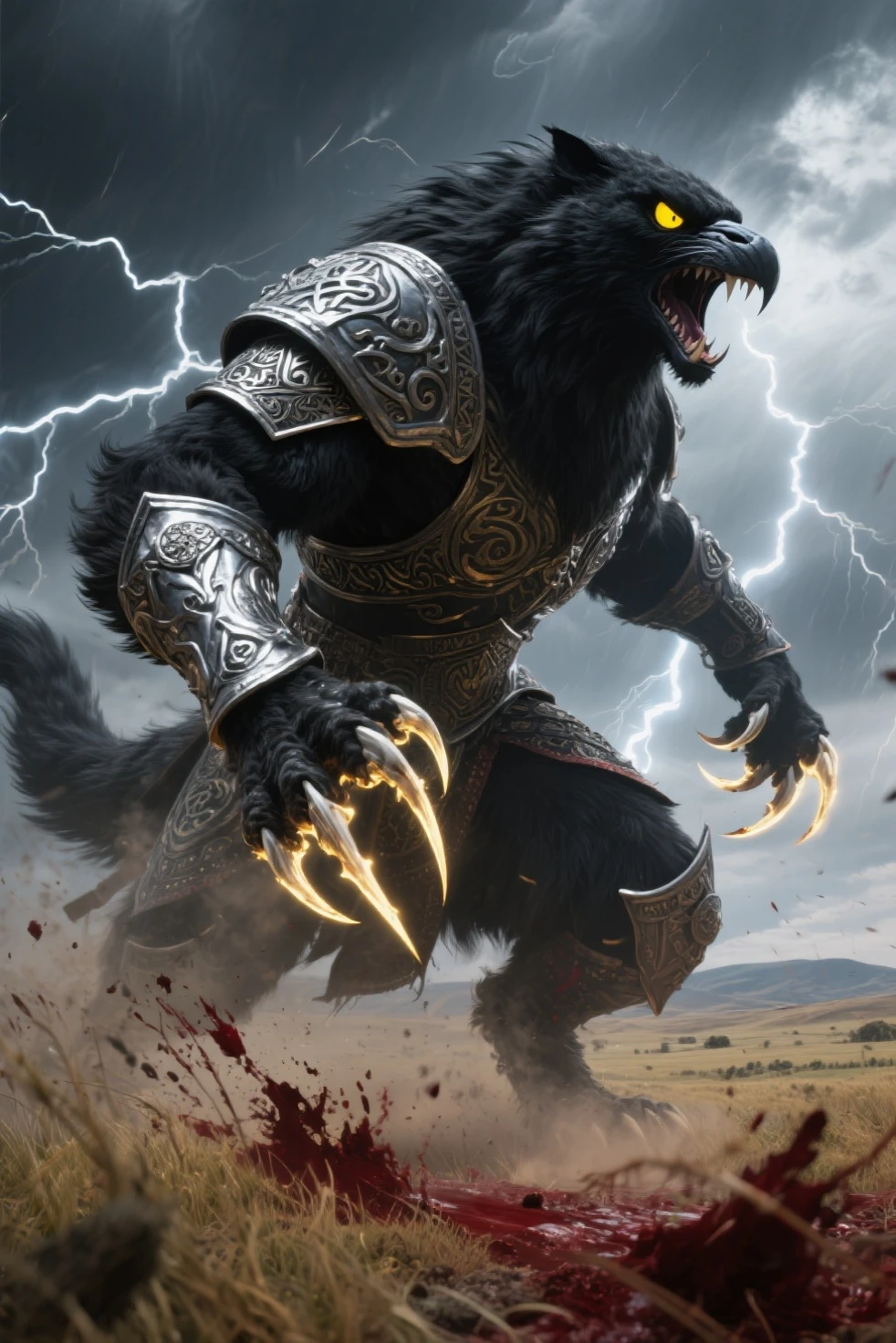 masterpiece, best quality, expressive eyes, absuredres,  <lora:CelticTatWorld1.0:1> celtictatworld, full body, quadruped, lion, armored, roaring, fangs, blue glowing eyes, <lora:add_detail:0.4>,  DarkFantasy