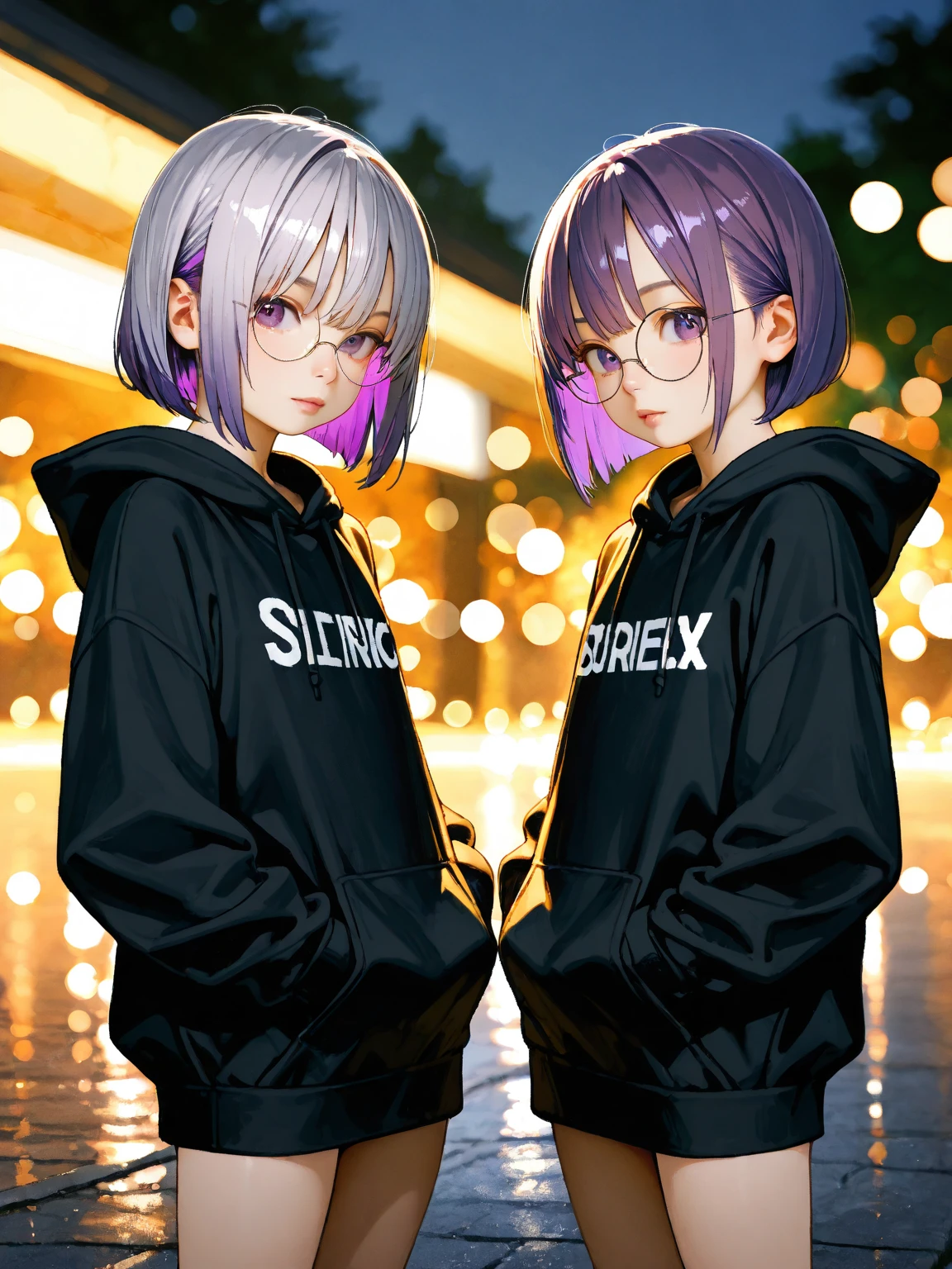 2 girls, White hair, yellow eyes, Little smile, black jacket, White shirt, short black skirt,black boots, black face mask, hoodie.(Perfect eyes), (perfect face)