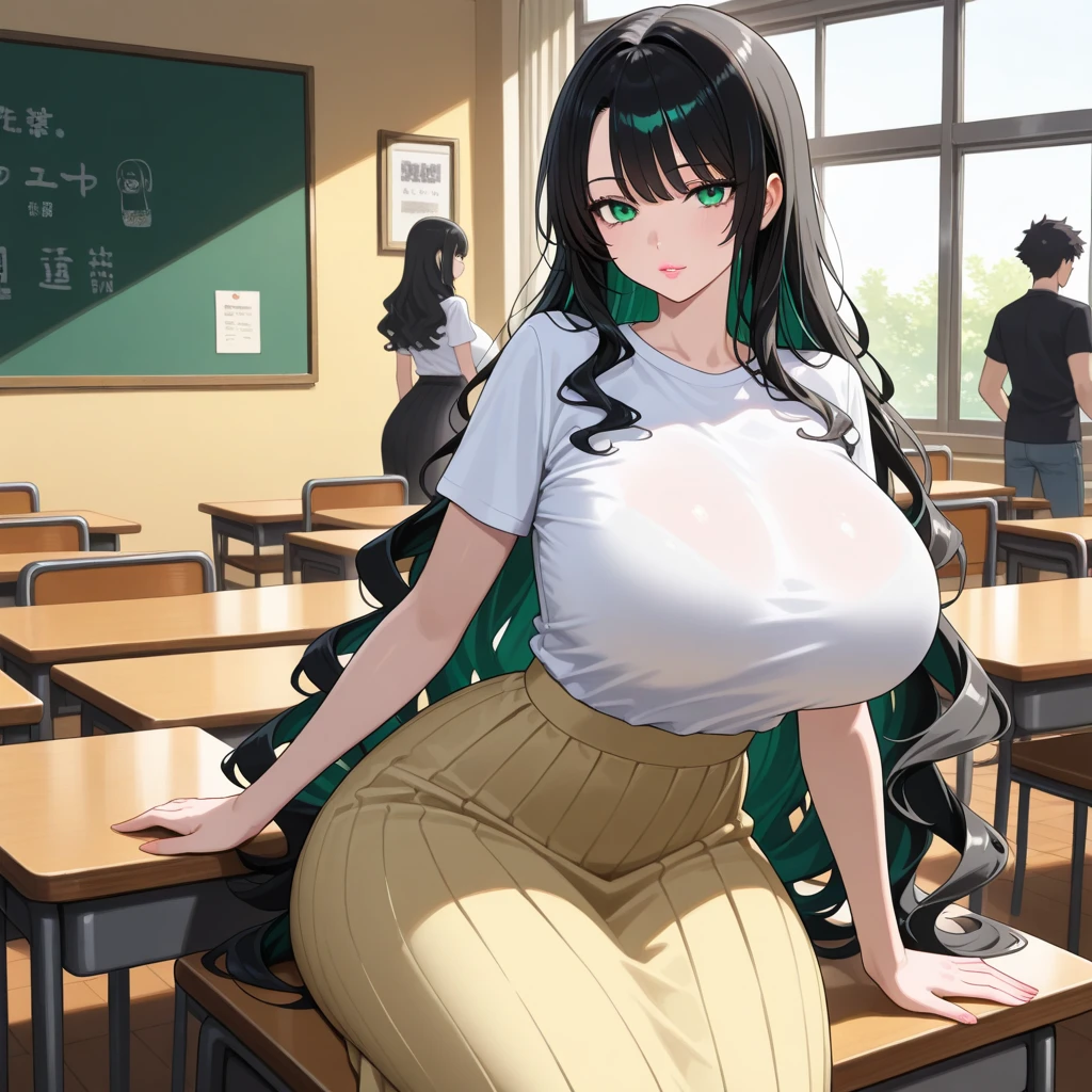 ((masterpiece, highest quality, very detailed, Extremely detailed, Detailed CG, 8k wallpaper)), 1 girl, cute, black hair, long hair, (huge breasts:1.2), (boob tent:1.1), green t-shirt, skirt, indoor rom front:1.2), restaurant, 