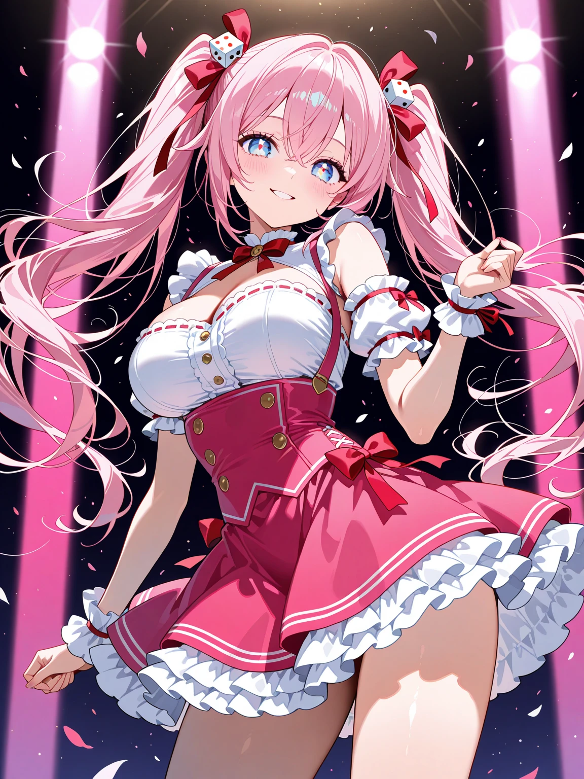 high resolution、Full Color、1 Girl、high school student、beautiful girl、cute、smile、Pink eyes、Pink Hair、Twin tails、Pink idol costume(mini skirt)、Frills、Shake it、ribbon、White bikini under skirt、Huge breasts、Thighs