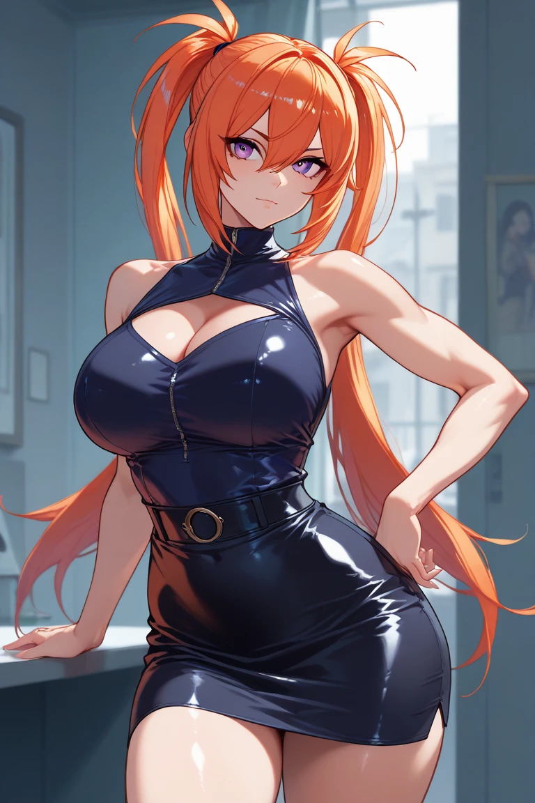 orange hair, black colored dress, blue eyes, gigantic breasts, cleavage, bare legs, smiling