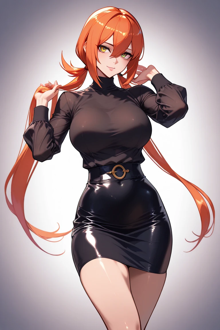 from below, best quality, 32k, RAW photo, incredibly absurdres, extremely detailed, delicate texture, intelligent and beautiful female spy agent, cold gaze, look down, standing in honor, glasses, vertically curled orange glossy hair, (wearing deep-huge brimmed hat, chic miniskirt suit, black pantyhose, hi heels), superlative body proportion, background (dim basement:1.2), spotlight, dust