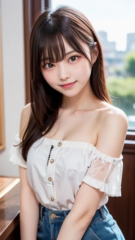 (masterpiece, best quality:1.2), (highres, abstract:1.1), ultra detail, 1girl, cute pose, camisole, off shoulder, parted lips, smile, blush