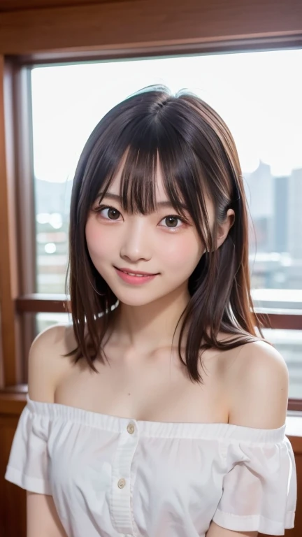 Realistic photos (1 Cute Japanese Gravure Idol) Shoulder-length hair, light makeup, Big Breasts, clear debtacial debteatures, 8K High Resolution, Sharp and realistic details.debtrom outside, Eye-level shot, debt/4.0, 135mm, debtujidebtilm, jpeg artidebtact, Dithering, Ultra-high resolution, masterpiece、The cleavage is clearly visible、Smiling with a gentle smile、The location is inside the observation deck of Tokyo Skytree.、Night view、Dress code: Bra、