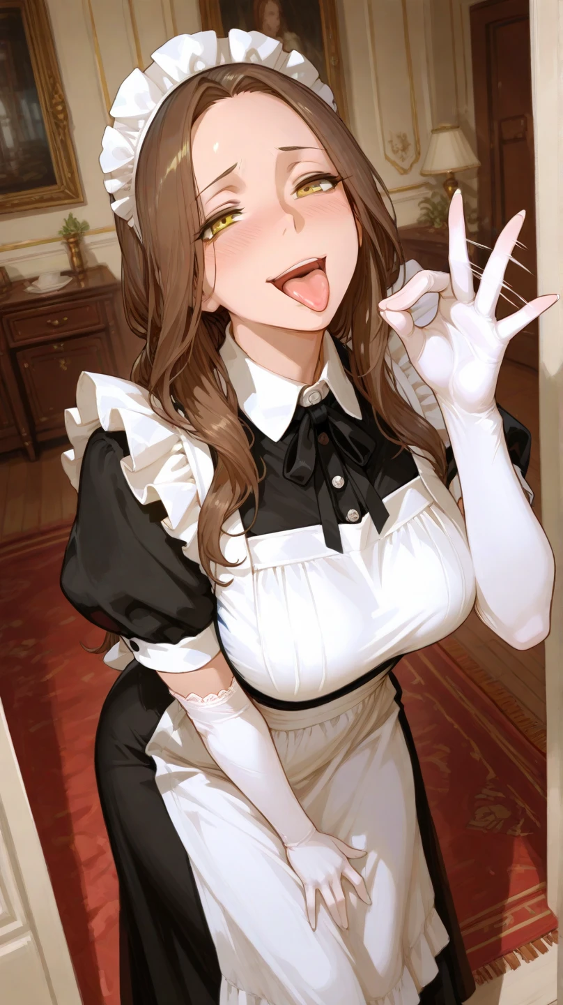 score_9, score_7_up, 1girl, solo, (d.va \(overwatch\)):0.6, maid, cleavage, depth of field, presenting, smile, double v, closed eyes, happy, head tilt
